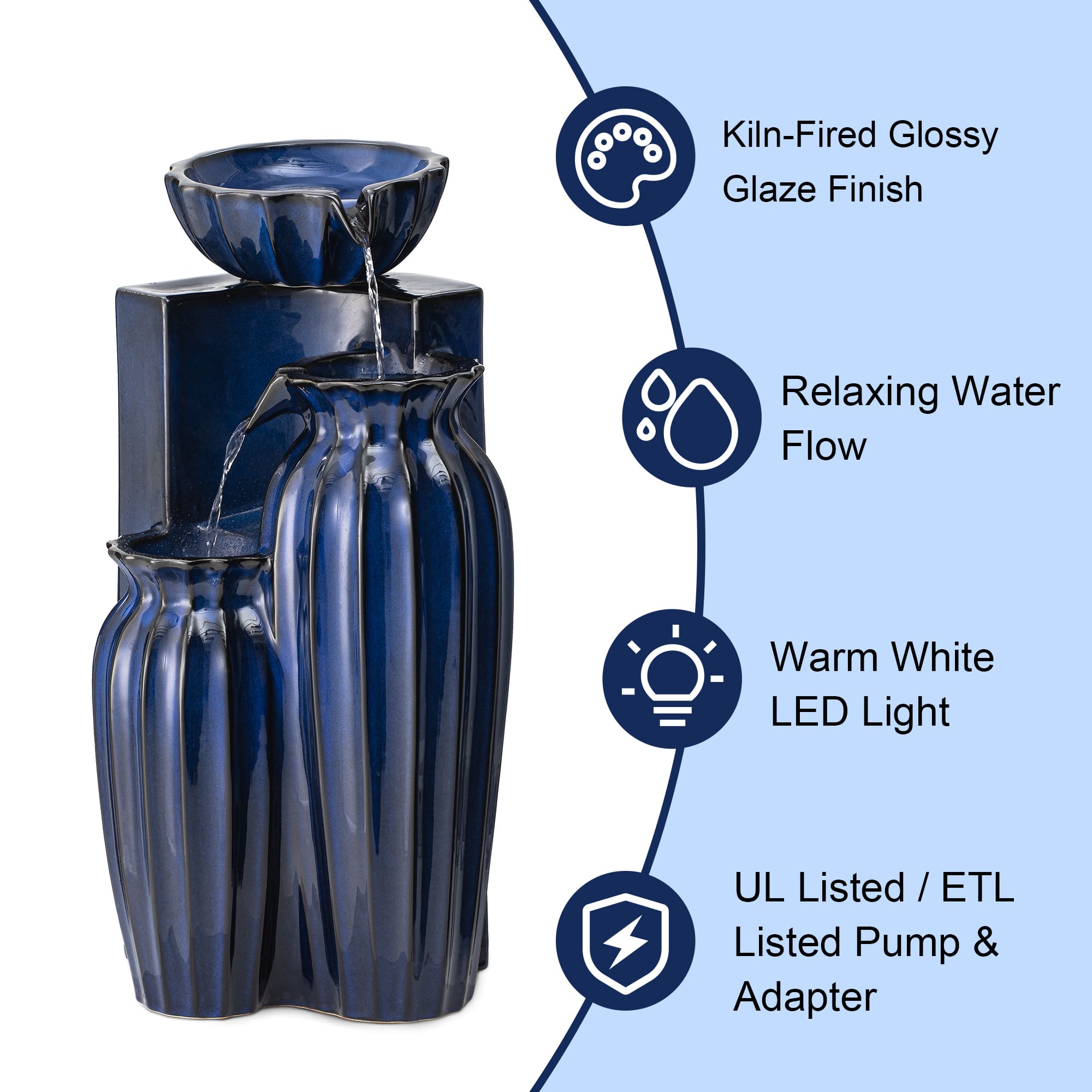 Glitzhome® 26.75" 3-Tier LED Fluted Textured Ceramic Outdoor Floor Fountain